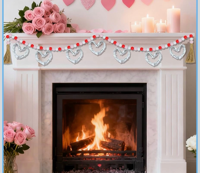 lot 4772 image: Valentines Day Rattan Heart Garland, 5ft Rustic Wood Beads with White Heart Ornament Pink Valentines Day Banner Indoor Outdoor Decorations for Mantel Fireplace Wall Home Farmhouse - Retail $0