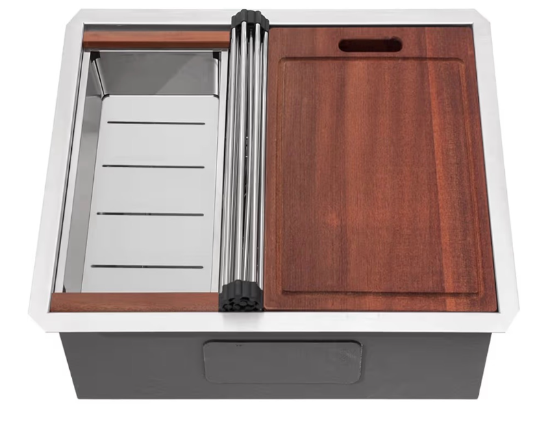 lot 8551 image: 23 Undermount Bar Sink - 23 x 19 Inch Kitchen Sink Ledge Workstation 16 Gauge Stainless Steel Single Bowl RV Bar Prep Basin Kitchen Outdoor Sinks - Retail $200