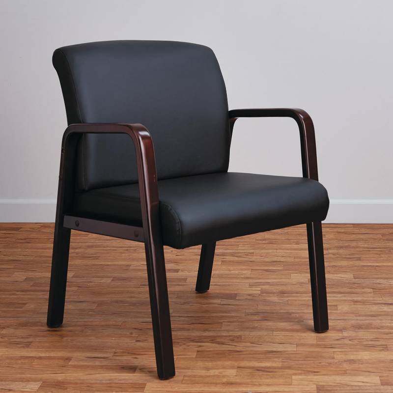 lot 8558 image: Alera Reception Lounge WL Series Guest Chair  24.21  x 24.8  x 32.67   Black Seat  Mahogany Base - Retail $350