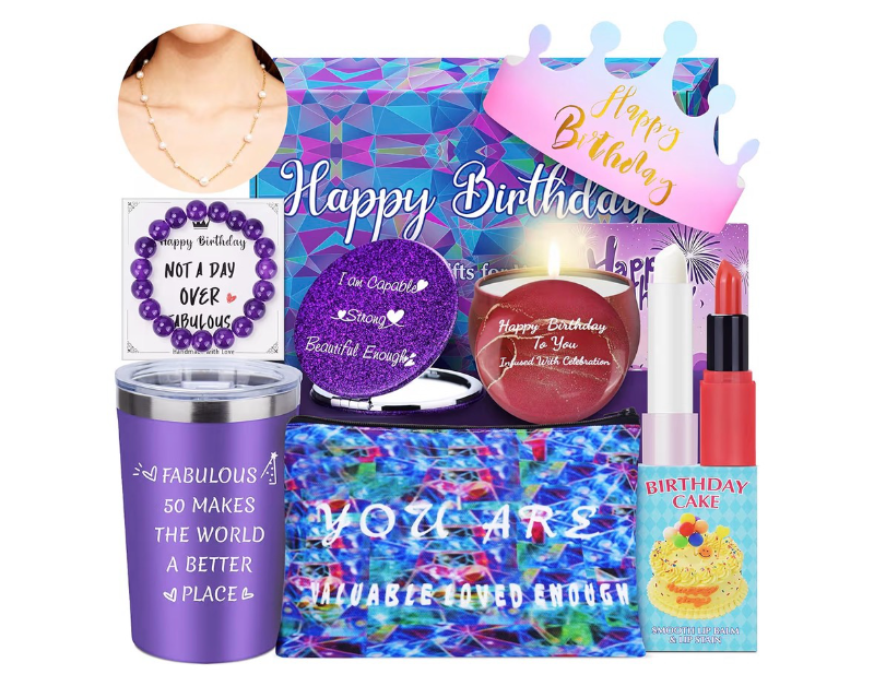 lot 2129 image: 50th Birthday Gifts for Her & Women  Happy 50th Birthday Gift Box for 50 Year Old Woman, Unique 1975�� Present for Mom, Wife, Sister, Best Friend  50 & Fabulous Decorations Tumbler