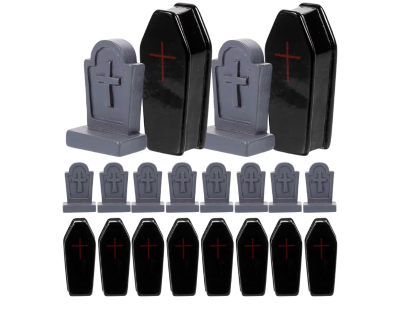 lot 2462 image: 20pcs Miniature Tombstones and Coffin Box Set Halloween Party Tiny Resin Headstones Ornament Cemetery Headstones for Craft Spooky Ghost Prank Prop for Dollhouse Outdoor Garden Decor - Retail $0