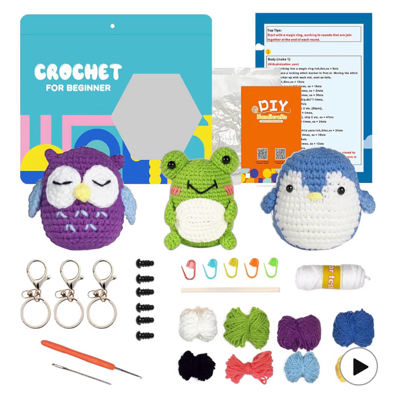 lot 2466 image: Qivine 3Pcs Crochet Kit for Beginners, Crocheting Animal Kits, Beginner Crochet Kit for Adults with Step-by-Step Video Tutorials Great Gift for Crochet Lovers - Retail $0