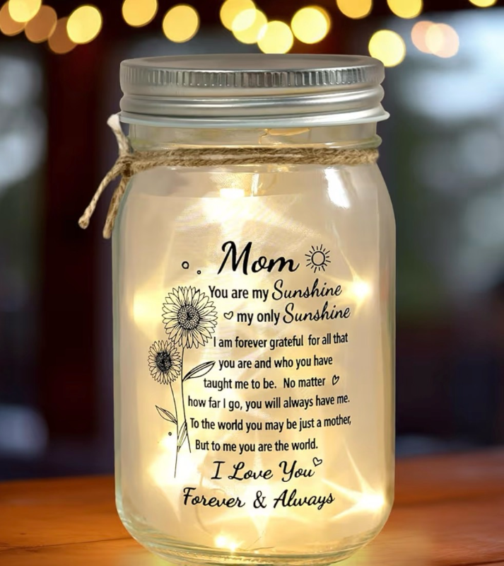 lot 2545 image: Mothers Day Gifts for Mom, Glowing Mason Jar Night Light Birthday Gifts for Mom From Daughter, Son, Kids, Personalized Sentimental Night Light for Christmas Mothers Day Mama Birthday Presents - Retail $0