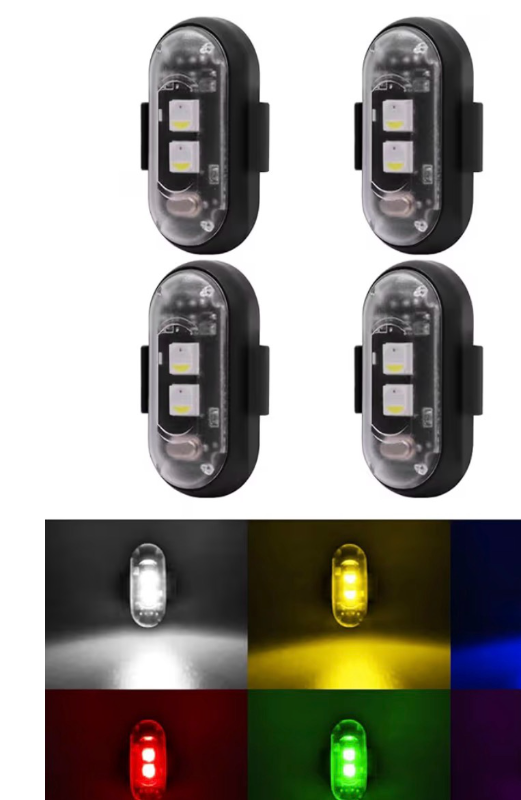lot 2594 image: Wireless LED Strobe Lights with Remote Control, 8 Colors USB Charing Waterproof Anti-Collision Led Emergency Warning Lights for Car Motorcycle Drone Aircraft Bike - Retail $0