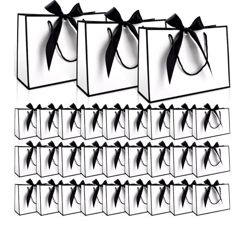 lot 2609 image: swihorab 30 Pcs Gift Bag, Small Portable Paper Gift Bag with Handles, Thank You Party Favor Bags for Wedding Birthday Party Supplies Present Bags for Shopping 11x7.9x4, Black - Retail $0