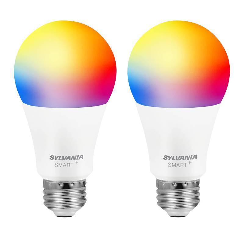 lot 2778 image: Sylvania Smart Bluetooth Mesh 60W Equivalent A19 LED Light Bulb, Full Color and Dimmable White, Compatible with Alexa, 2 Pack - Retail $20