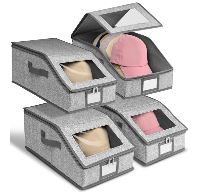 lot 2787 image: ULG Stackable Hat Organizer for Baseball Caps, Fits 12 Caps, Foldable Storage Box with Clear PVC Window, Dual Zippers, Dust-Proof, Space-Saving Cap Storage for Closet, Bedroom, Entryway, 4-Pack, Gray - Retail $0
