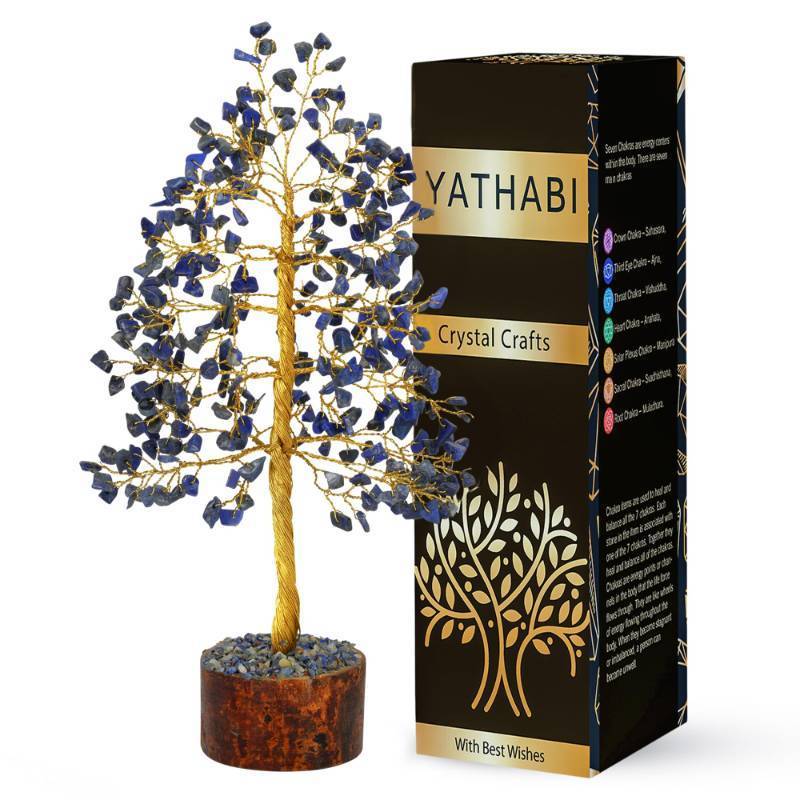 lot 3228 image: YATHABI Lapis Lazuli Reiki Heiling Crystal Tree Gems Money Bonsai Chaka Feng Shui Peaceful Stone Fortune Ornament for Home Decoration Gemstone Trees Sculpture Golden Wire Size 10 Inch