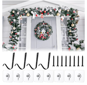 lot 4786 image: MorningRo 4 Set Large Front Door Garland Hanger Heavy Duty Cast Iron 33 lb Door Garland Hanger Self Adhesive Hook No Nails Screws for Christmas Halloween Decorations(Black)