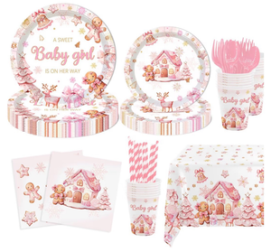 lot 4797 image: MEHOFOND 194 Pcs Pink Winter Gingerbread Baby Shower Party Decorations, A Sweet Baby Girl Baby Shower Paper Plates Napkin Cups Set Decor, Christmas Cookie Snowflake Disposable Tableware Set, Serve 24