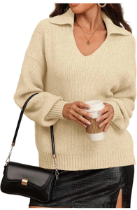 lot 4810 image: ATHMILE Sweaters for Women Fall Outfits 2025 Fashion Oversized V Neck Lapel Collar Knit Polo Shirts Pullover Sweater Tops XL