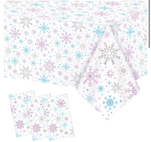 lot 4814 image: Jecery 54 Inch x 100 ft Winter Snowflake Tablecloth Roll with Cutter Box, Waterproof Disposable Plastic Snowflake Table Cover Snow Backdrop for Winter Holiday Party Decor Supplies(Pink)