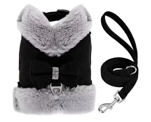 lot 4820 image: Didog Small Dog Harness and Leash Set, Winter Cute Dog Harness with Bow Tie, Adjustable Soft Padded Puppy Vest with Removable Plush Collar for XS Small and Medium Sized Dogs (Black, S)