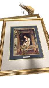 lot 4840 image: Framed Classical Print of Young Woman at Window with Flowers 31x25 - Retail $35