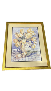 lot 4843 image: Framed Yellow Tulips Watercolor Still Life Print 27x33 - Retail $25