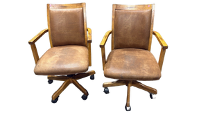 lot 4866 image: Pair of Wood Frame Swivel Office Chairs with Brown Leather Upholstery - Retail $300