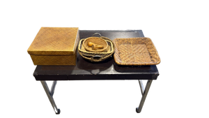 lot 4875 image: Woven Wicker Basket and Tray Set with Wooden Accents
