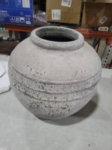 lot 1374 image: Large Gray Ceramic Pottery Jar with Horizontal Banding