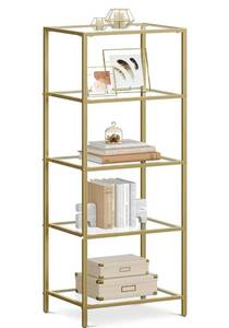 lot 1385 image: VASAGLE Bookcase, 5-Tier Bookshelf, Slim Shelving Unit for Bedroom, Bathroom, Home Office, Tempered Glass, Steel Frame, Metallic Gold ULGT029A01