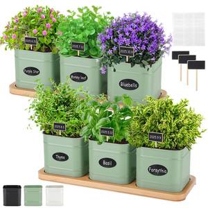 lot 1395 image: LemonRoad 6 Pcs Indoor Herb Planter Window Herb Pots for Kitchen with Drainage Hole and Bamboo Tray Farmhouse Metal Garden Planter Pot with DIY Label Mom Plant Gift(Sage Green,Square)