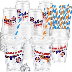 lot 1400 image: Domensi 50 Pcs Dart Party Plastic Cups 12 oz Disposable Dart Game Plastic Cups with Straws and Lids Gun Clear Mug Supplies Birthday Table Decorations Party Favor
