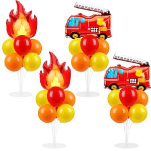 lot 1406 image: 4 Sets Fire Party Balloons Stand Kit with Flame Fire Truck Foil Balloons Orange Yellow Red Party Balloon Centerpiece for Tables for Fireman Firefighter Rescue Themed Birthday Decorations
