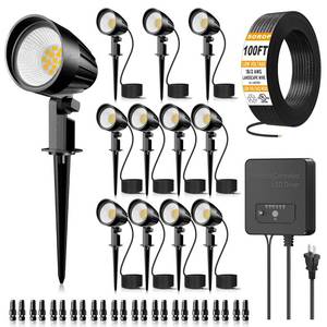 lot 1409 image: SOROP 12W Landscape Lighting Kit, Low Voltage Landscape Lights with Transformer 100FT UL-Listed Wire & Connectors, 2700K Waterproof Outdoor Spot Lights for Yard House Tree 12V-24V 12Pack