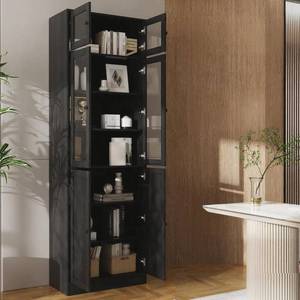 lot 1389 image: VOWNER 85.5 Tall Bookshelf Single Pack - Half Glass Door Design, 7 Tier Book Shelf, Curio Cabinets with Storage, DIY Large Bookcase for Living Room, Office (Black)