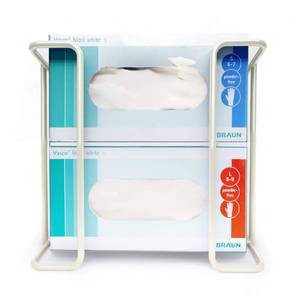 lot 1424 image: Glove Box Holder Wall Mount Dispenser for 2 Boxes - Powder Coated Metal Rack for Rubber Latex Nitrile Gloves and Tissue, Organizer for Kitchen, Medical, Lab, Garage, Office, Food Service, White