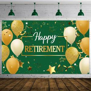 lot 1448 image: Blulu Retirement Party Decorations, Extra Large Fabric Retire Sign Banner Photo Booth Backdrop Background with Rope for Retirement Party Favor(72.8 x 43.3 Inches,Green and Gold)