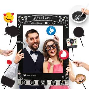 lot 1449 image: Insta-Themed Social Media Party Photo Booth Selfie Frame with Emoji & Speech Bubble Props. Great as Vintage Background Photography for Birthday, Anniversary, Wedding Event Decoration