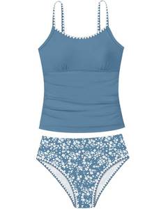 lot 1456 image: TyeSmo Girls Swimsuit Solid Color Tankini Contrast Trim Swimwear Two Piece Teen Swimsuits for Girls 12-14 Teen Bathing Suits for Girl 12-14 Padded Girl Size 12 Swimsuit Blue Floral