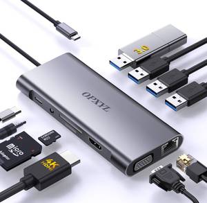 lot 1477 image: OPXYL 11-in-1 USB C Hub Multiport Adapter, USB C Docking Station with 4K HDMI, VGA 1080P, 100W PD, Ethernet, SDTF, Audio, USB 3.0 Port, Laptop Dock for MacBook ProAir, iPad, Windows