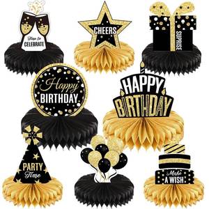 lot 1480 image: 8 Pieces Happy Birthday Party Decorations Supplies Birthday Honeycomb Centerpieces Table Toppers for Party Favor Photo Booth Props, Black and Gold