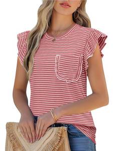 lot 1490 image: Summer Shirts for Women Casual Striped Tee Ruffle Short Sleeve Shirts 2026 Cute Fitted Crew Neck Tops Fashion Blouses Pink L
