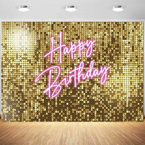 lot 1500 image: 7x5ft Happy Birthday Backdrop Gold Shining Shimmer Wall Pink Neon Happy Birthday Photography Background Girls Women Birthday Party Banner Decorations Photo Studio Props