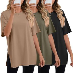 lot 1507 image: Huukeay 3 Pack Womens Oversized Gym T Shirts Short Sleeve Side Split Crewneck Tops Casual Summer Workout Baggy Basic Tee(Black, Army Green, Coffee,XX-Large)