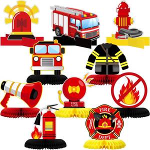 lot 1509 image: Epakh 10 Pcs Firetruck Birthday Party Decorations Fire Truck Honeycomb Centerpieces for Table Fire Truck Firefighter Hat Extinguisher Fireman Party Supplies for Kids Birthday Decor