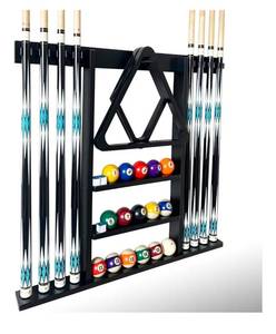 lot 1542 image: Wall Mount Pool Cue Stick Holder, Black Solid Wood Rack for 8 Cues