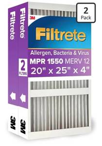 lot 1575 image: Filtrete 20x25x4 Air Filter MERV 12, MPR 1550 Certified Asthma & Allergy Friendly 2-Pack, Fits Honeywell & AprilAire, AC Furnace HVAC Filters, Pleated Electrostatic (Actual Size 19.88x24.63x4.31 in)