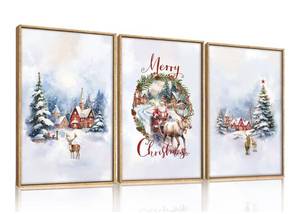 lot 1578 image: HPINUB Christmas Santa Reindeer Framed Canvas Wall Art Set Sleigh Deer Winter Snow Forest Tree Wall Decor Wonderland Art Print for Living Room,Bedroom,Party-36 x24