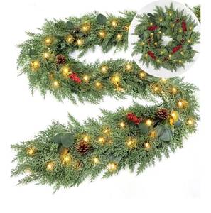 lot 1611 image: Extra Thick & Lush - Prelit Christmas Garland with 30 Lights Timer, 6Ft by 12 Inch Real Touch Cedar Garland with Berry Pinecone, Battery Operated Realistic Soft 130 Tips Xmas Garlands Indoor Outdoor
