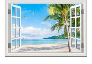 lot 1639 image: Beach Pictures Wall Art Decor Ocean Canvas Painting for Living Room Window Frame Style Tropical Palm Tree Blue Seascape Prints Seagulls Artwork for Bedroom Home Bathroom Office Decorations 24x36inch