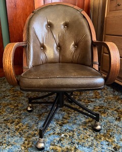 lot 28 image: Vintage Brown Leather Office Chair  Tufted Back with Wooden Armrests