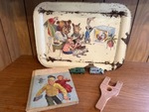 lot 14 image: Vintage Metal Tray, Book & Toy Cars