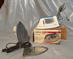 lot 64 image: Pair of Vintage Sunbeam Electric Clothes Irons - One in Original Box, One with Metal Resting Plate