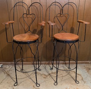 lot 39 image: Pair of Vintage Wrought Iron Bar Stools with Heart-Back Design