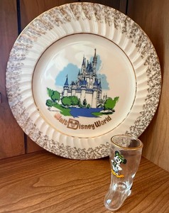 lot 115 image: Vintage Walt Disney World Plate & Mickey Glass Boot Shot Glass