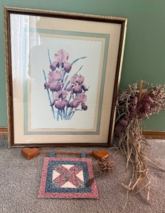 Country Cottage Decor Lot w/ Iris Print & Primitive Decor