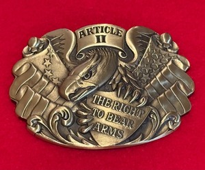 lot 62 image: Vintage Solid Brass Article II  The Right to Bear Arms Belt Buckle